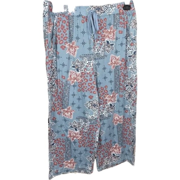 Jaclyn Intimates L Blue Floral Drawstring Waist Side Pockets Capri Sleep Pants - Picture 3 of 5
